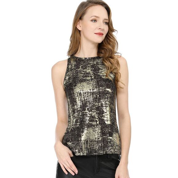 Women's Party Sleeveless Camisole Club Shimmer Metallic Tank Top Black - Picture 2 of 6